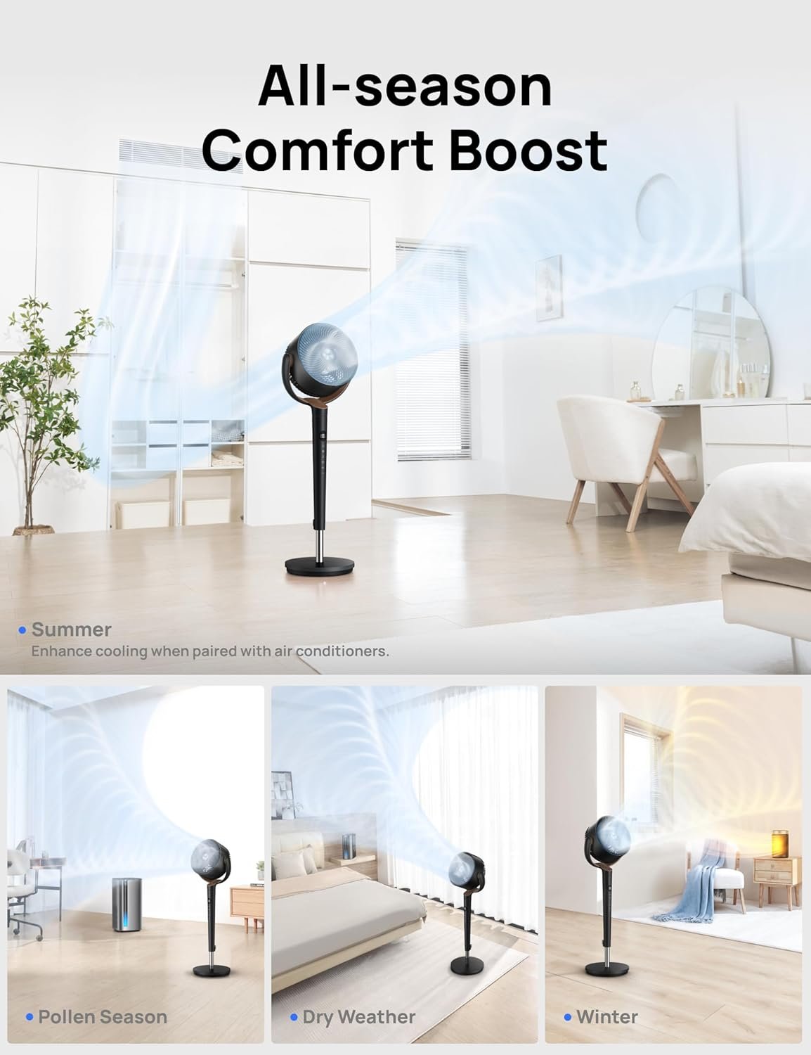 Dreo Fan for Bedroom, 120° Oscillating Standing Fan, Quiet Floor Fan with DC Motor, Pedestal Fan for Room, 9 Speeds, 4 modes, 20dB, 120° - Image 4