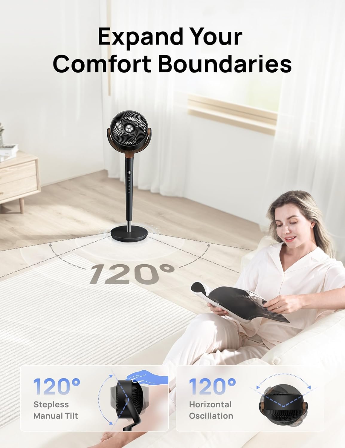 Dreo Fan for Bedroom, 120° Oscillating Standing Fan, Quiet Floor Fan with DC Motor, Pedestal Fan for Room, 9 Speeds, 4 modes, 20dB, 120° - Image 6