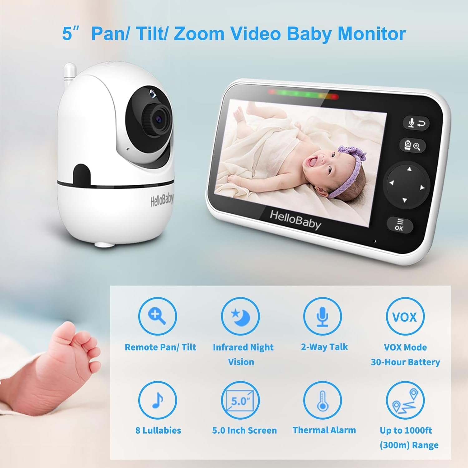 HelloBaby No WiFi Baby Monitor 5" Screen 30-Hour Battery Pan-Tilt-Zoom Video Upgrade with Camera and Audio, Night Vision - Image 6