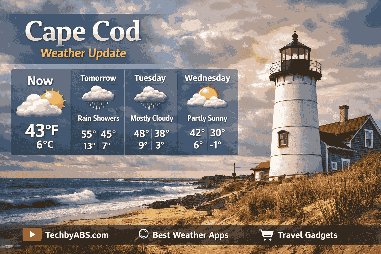 Weather update Cape Cod showing lighthouse coastline and weekly forecast.