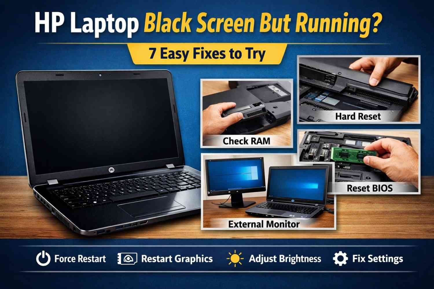 hp laptop black screen but running